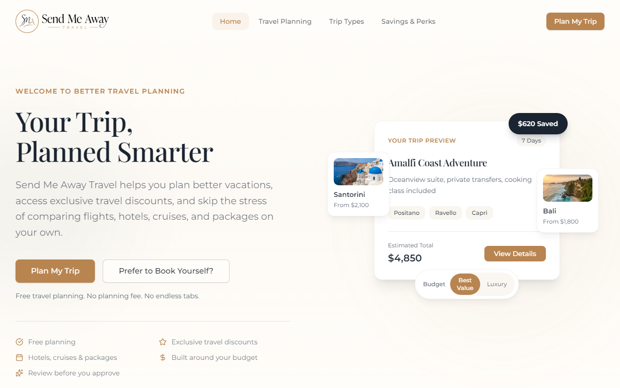 Send Me Away Travel website built by Brand Bongo